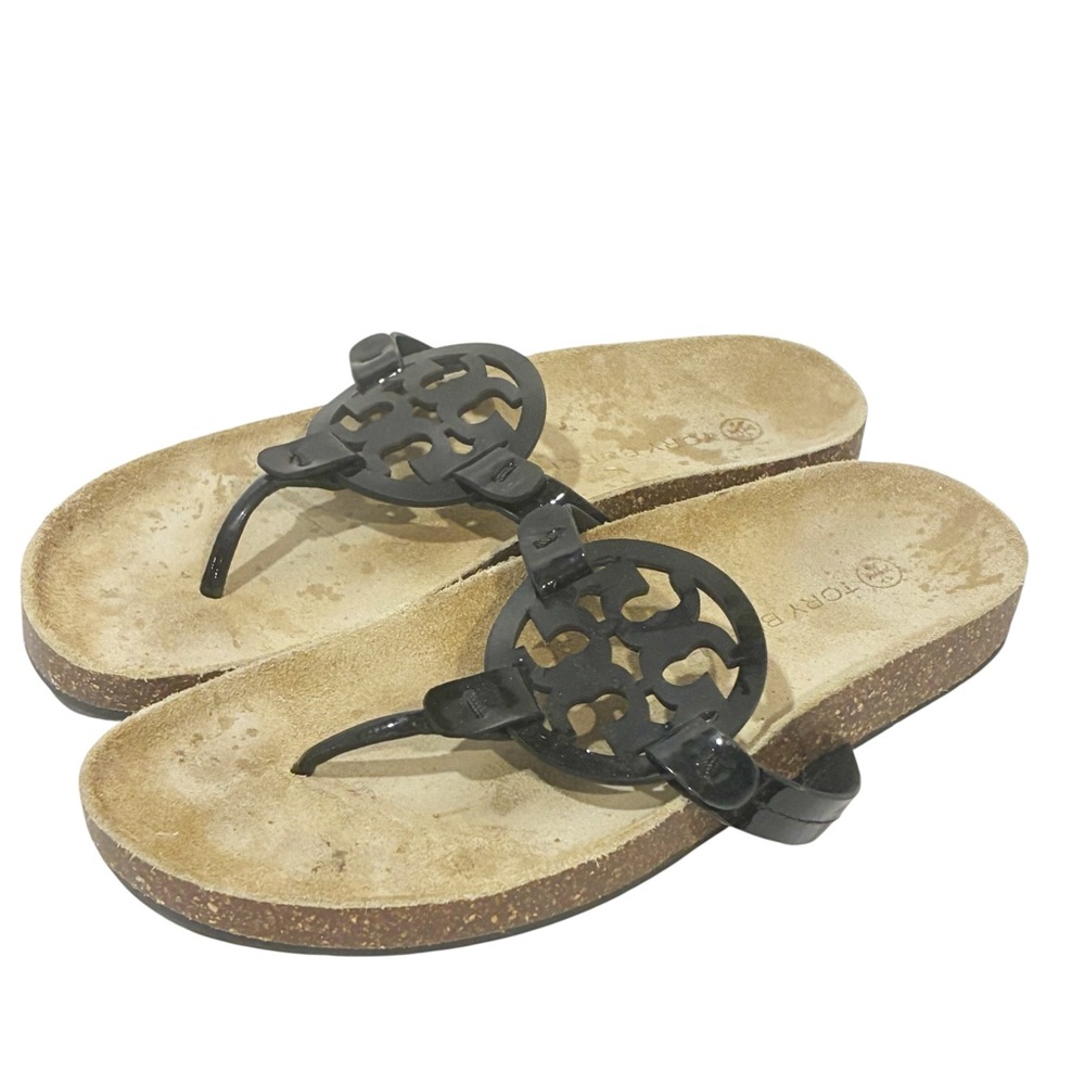 Tory Burch Miller Cloud Patent Cork Black Thong Sandals Size 9